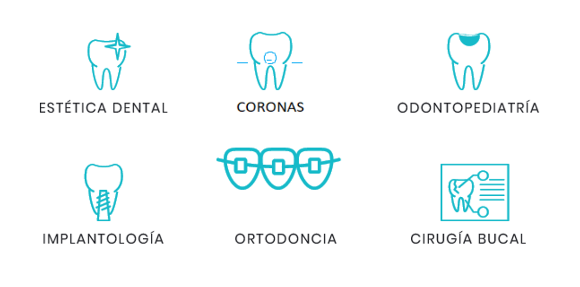 Tratamientos odontológicos: estética dental, coronas, odontopediatría, implantología, ortodoncia, cirugía bucal